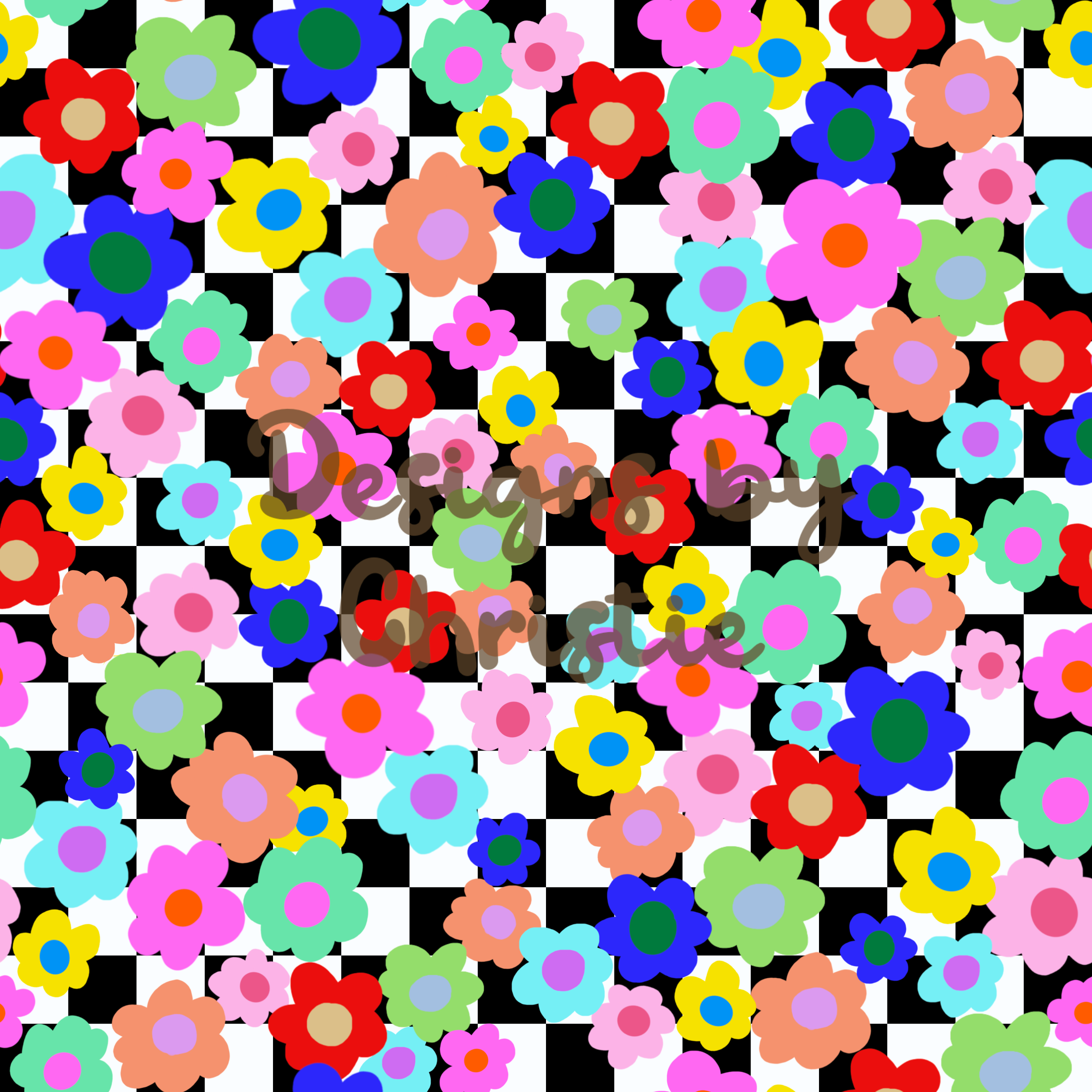A repeating floral pattern on a black-and-white check background, filled with many small multicolored flowers in pink, blue, yellow, green, orange, and purple. Perfect for wallpaper, cardstock or even on a dress!