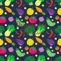 A colorful repeating vegetable pattern on a dark navy background, featuring green broccoli, red chili peppers, yellow and orange bell peppers, purple eggplants, red tomatoes, green peas, and small white flowers. A semi-transparent watermark reading 'Designs by Chiffre' is overlaid across the center.