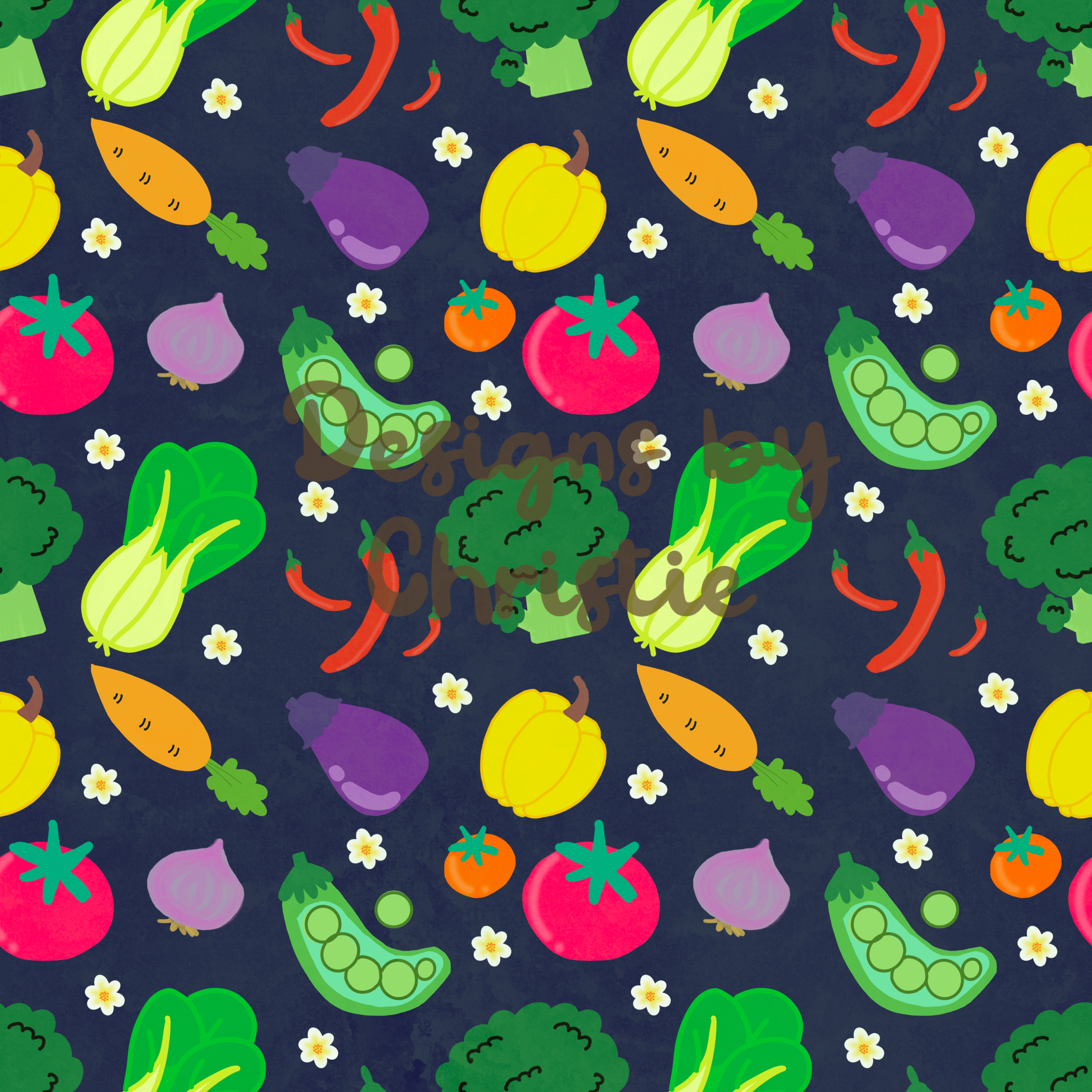 A colorful repeating vegetable pattern on a dark navy background, featuring green broccoli, red chili peppers, yellow and orange bell peppers, purple eggplants, red tomatoes, green peas, and small white flowers. A semi-transparent watermark reading 'Designs by Chiffre' is overlaid across the center.